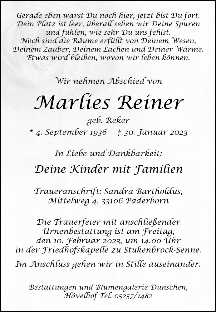  Traueranzeige für Marlies Reiner vom 04.02.2023 aus Westfalen-Blatt