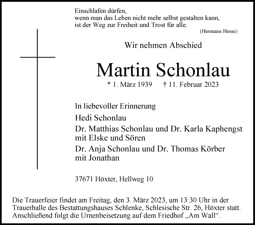  Traueranzeige für Martin Schonlau vom 18.02.2023 aus Westfalen-Blatt