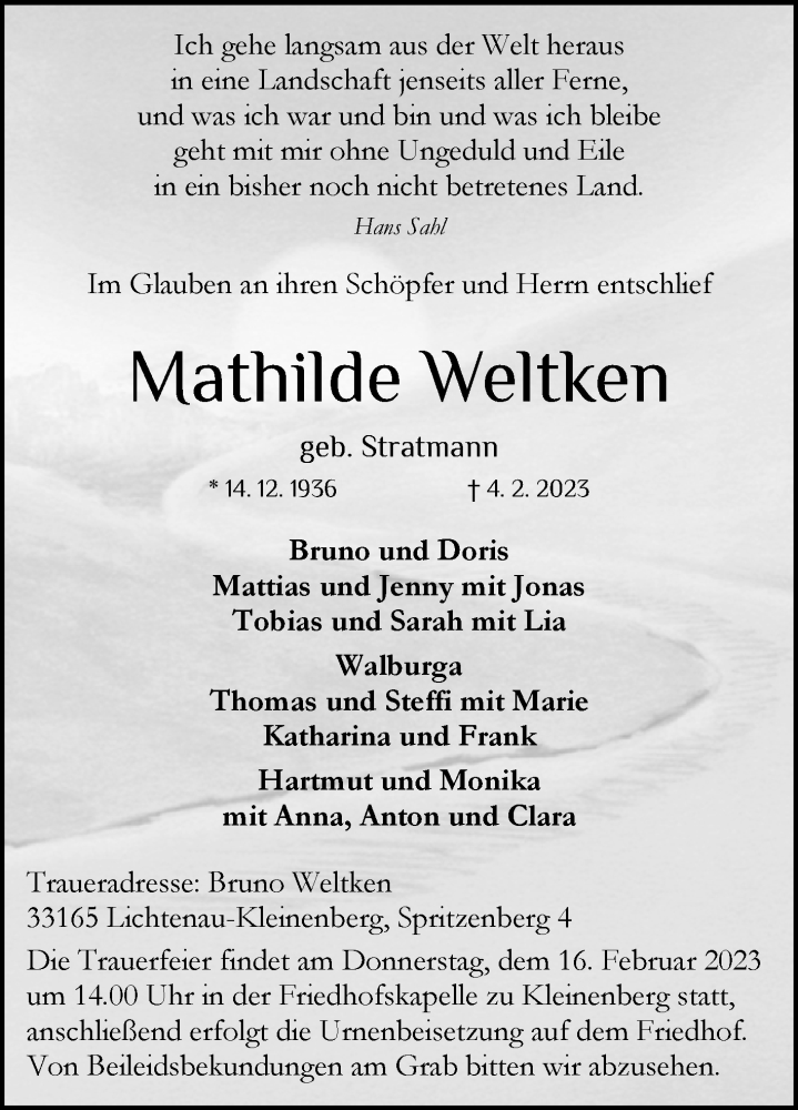  Traueranzeige für Mathilde Weltken vom 11.02.2023 aus Westfalen-Blatt