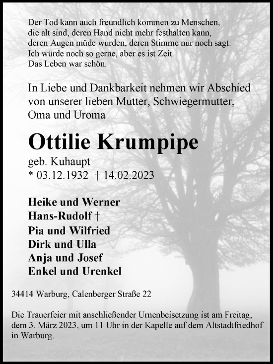 Traueranzeige von Ottilie Krumpipe von Westfalen-Blatt