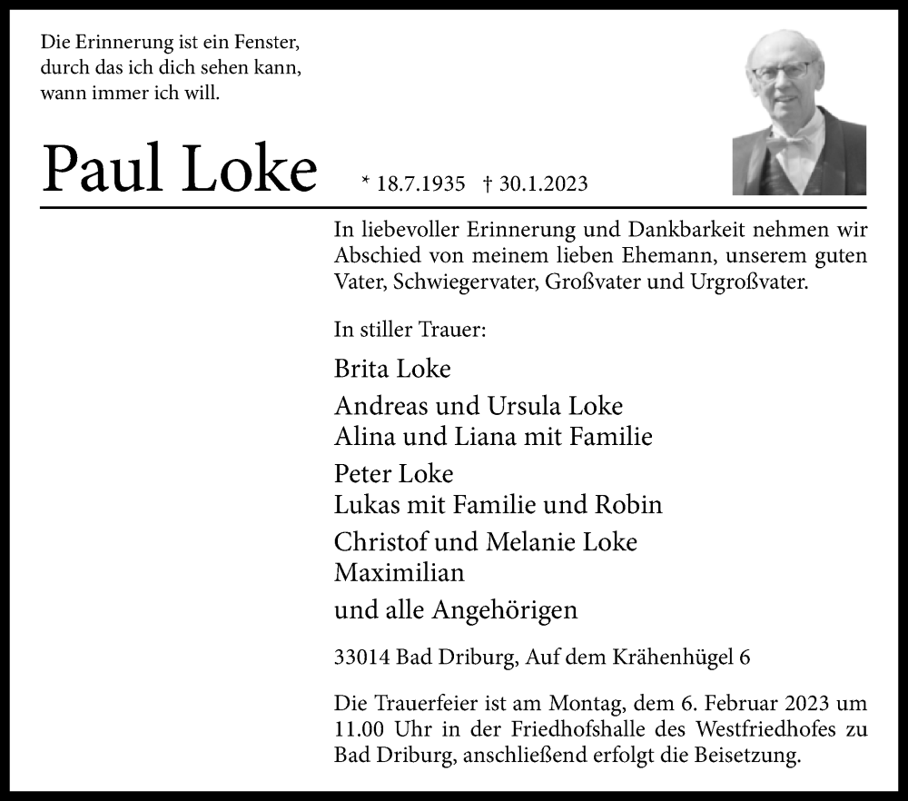  Traueranzeige für Paul Loke vom 01.02.2023 aus Westfalen-Blatt