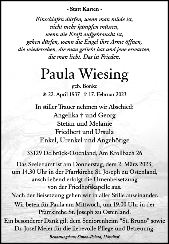 Traueranzeige von Paula Wiesing von Westfalen-Blatt