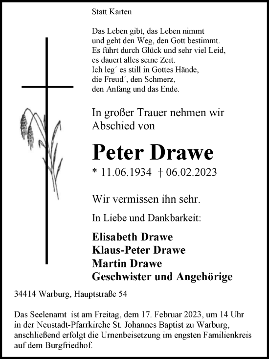 Traueranzeige von Peter Drawe von Westfalen-Blatt