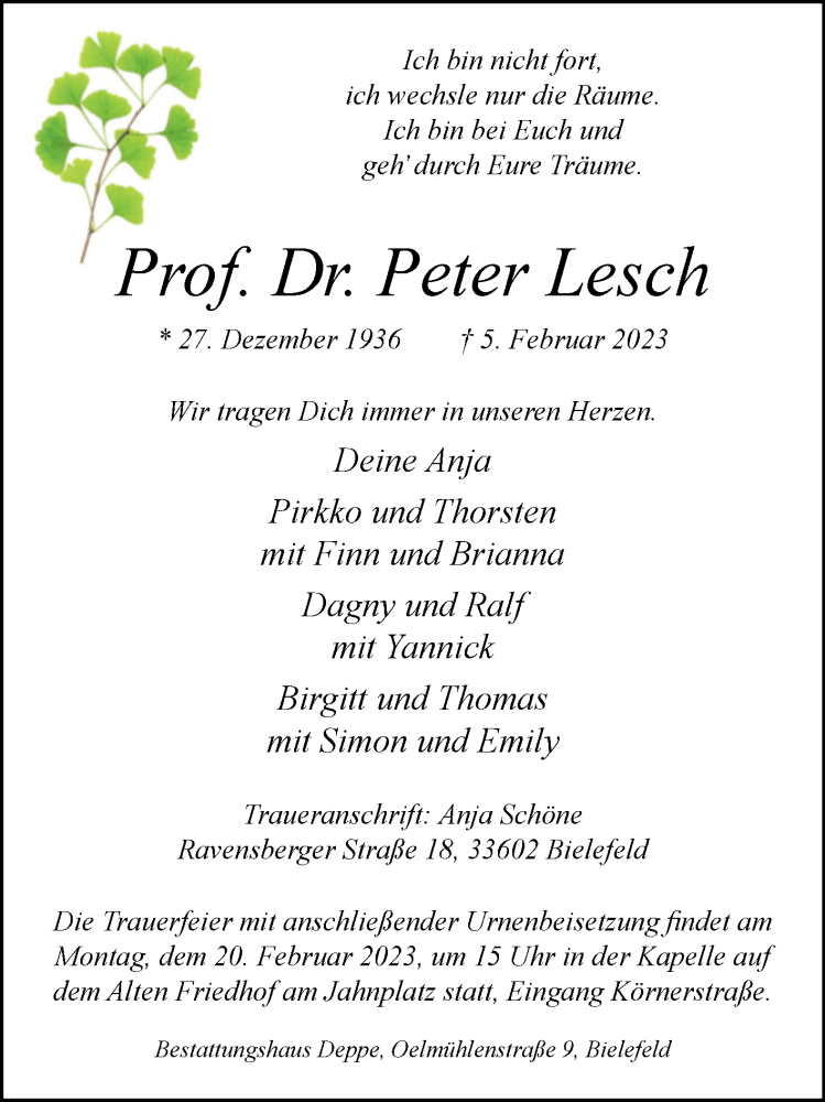  Traueranzeige für Peter Lesch vom 11.02.2023 aus Westfalen-Blatt