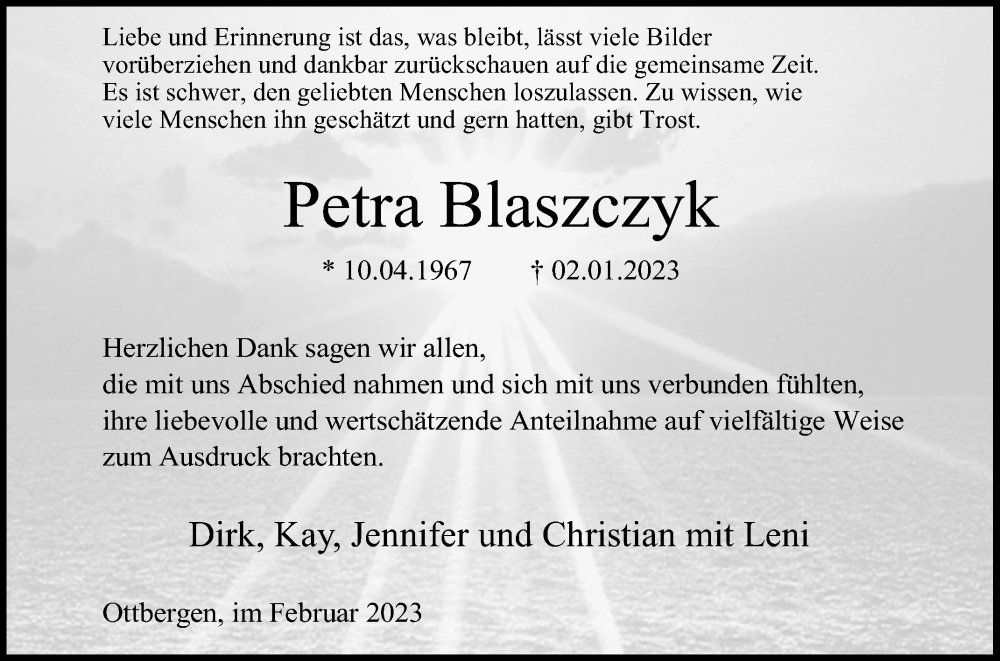  Traueranzeige für Petra Blaszczyk vom 11.02.2023 aus Westfalen-Blatt