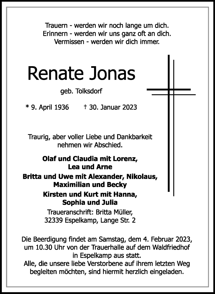  Traueranzeige für Renate Jonas vom 01.02.2023 aus Westfalen-Blatt