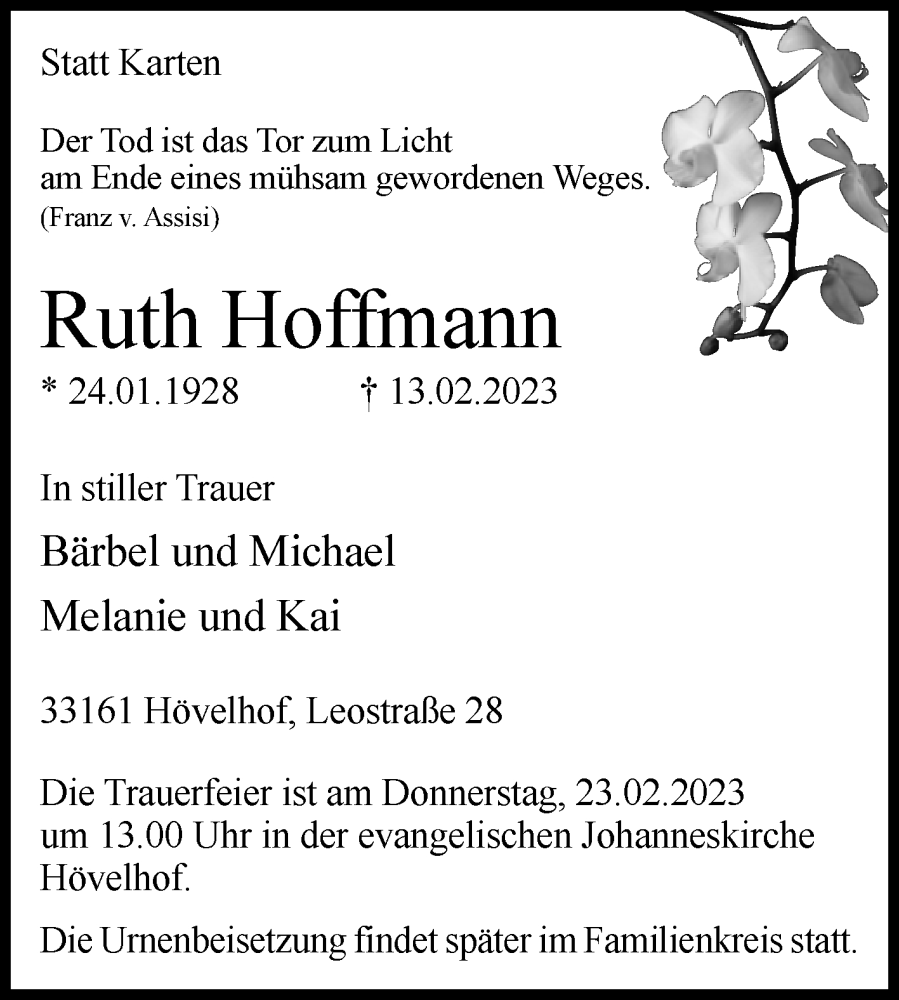  Traueranzeige für Ruth Hoffmann vom 18.02.2023 aus Westfalen-Blatt