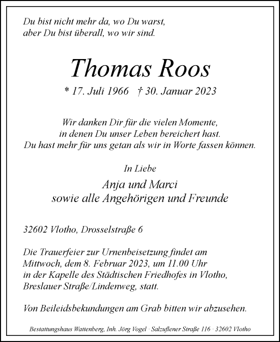 Traueranzeige von Thomas Roos von Westfalen-Blatt