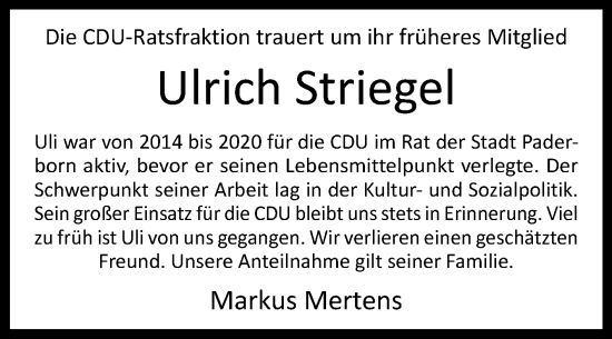 Traueranzeige von Ulrich Striegel von Westfalen-Blatt