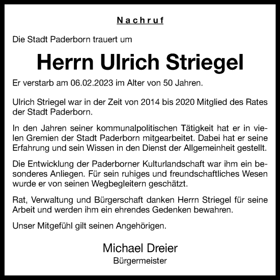 Traueranzeige von Ulrich Striegel von Westfalen-Blatt