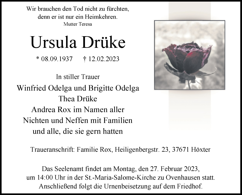  Traueranzeige für Ursula Drüke vom 18.02.2023 aus Westfalen-Blatt