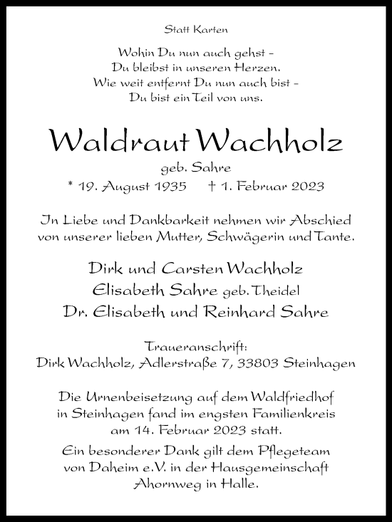 Traueranzeige von Waldraut Wachholz von Westfalen-Blatt