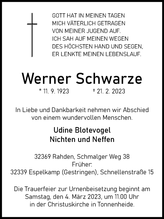 Traueranzeige von Werner Schwarze von Westfalen-Blatt