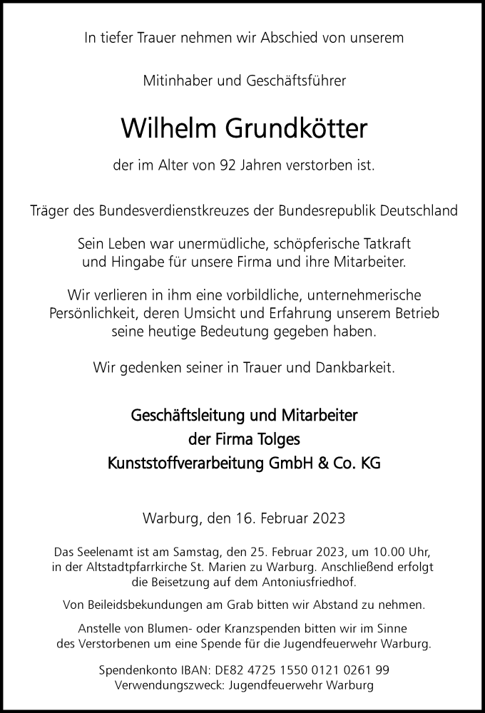  Traueranzeige für Wilhelm Grundkötter vom 21.02.2023 aus Westfalen-Blatt