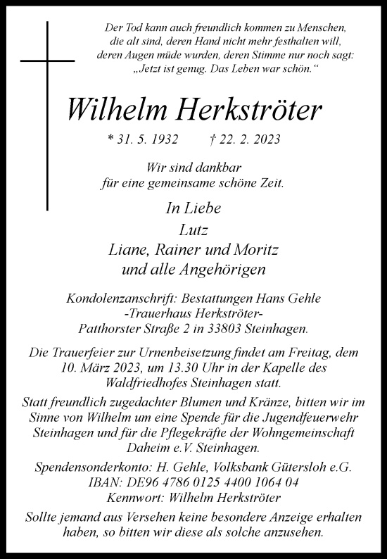Traueranzeige von Wilhelm Herkströter von Westfalen-Blatt