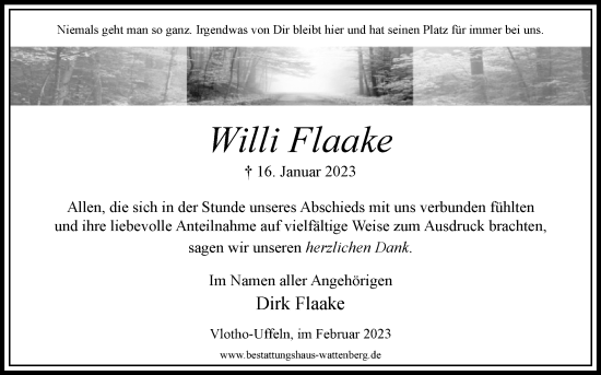 Traueranzeige von Willi Flaake von Westfalen-Blatt