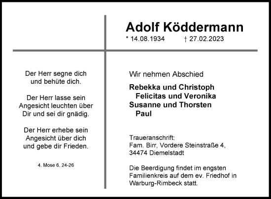 Traueranzeige von Adolf Köddermann von Westfalen-Blatt