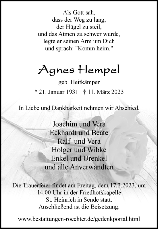 Traueranzeige von Agnes Hempel von Westfalen-Blatt