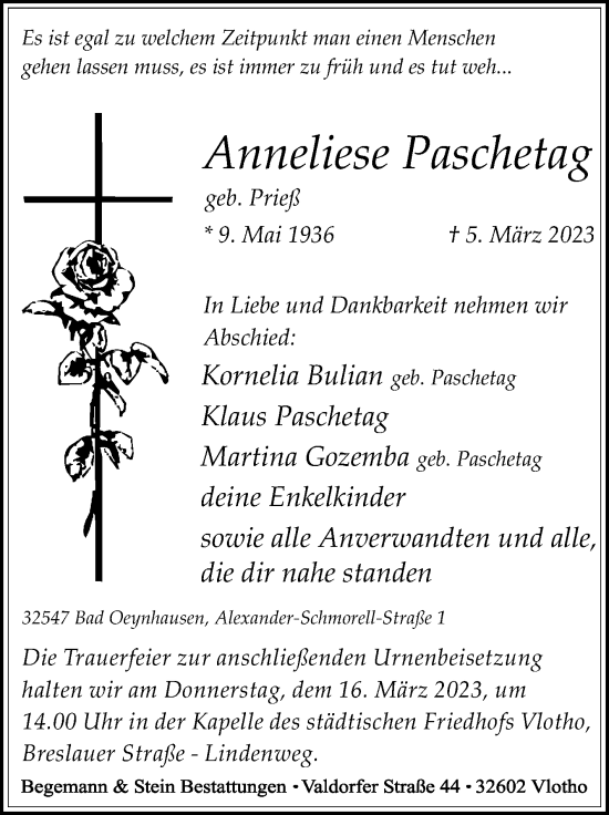 Traueranzeige von Anneliese Paschetag von Westfalen-Blatt