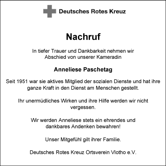 Traueranzeige von Anneliese Paschetag von Westfalen-Blatt