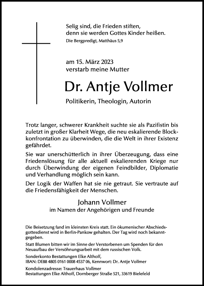  Traueranzeige für Antje Vollmer vom 23.03.2023 aus Westfalen-Blatt