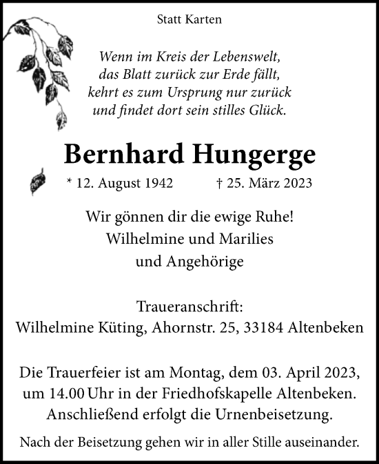 Traueranzeige von Bernhard Hungerge von Westfalen-Blatt