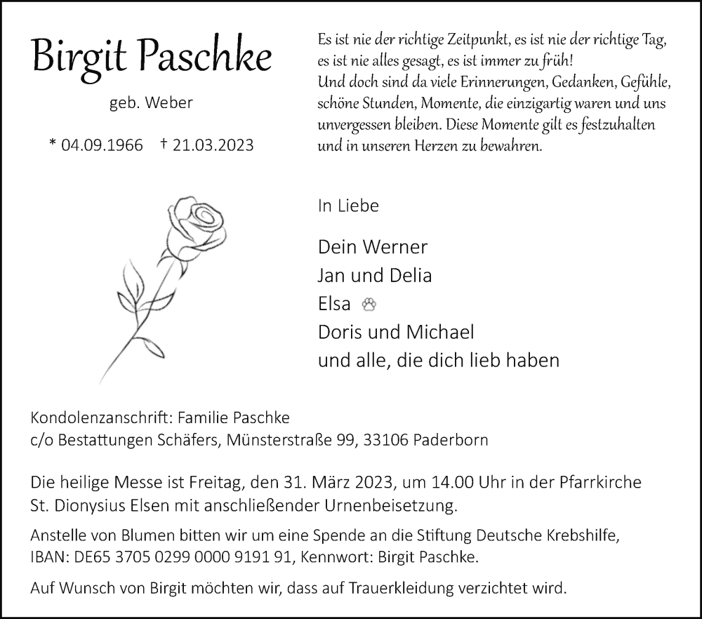  Traueranzeige für Birgit Paschke vom 25.03.2023 aus Westfalen-Blatt