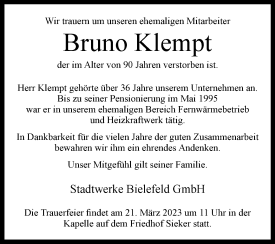 Traueranzeige von Bruno Klempt von Westfalen-Blatt