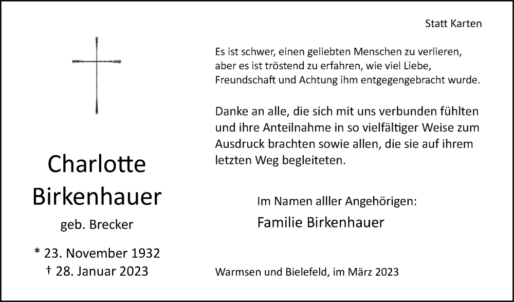  Traueranzeige für Charlotte Birkenhauer vom 18.03.2023 aus Westfalen-Blatt
