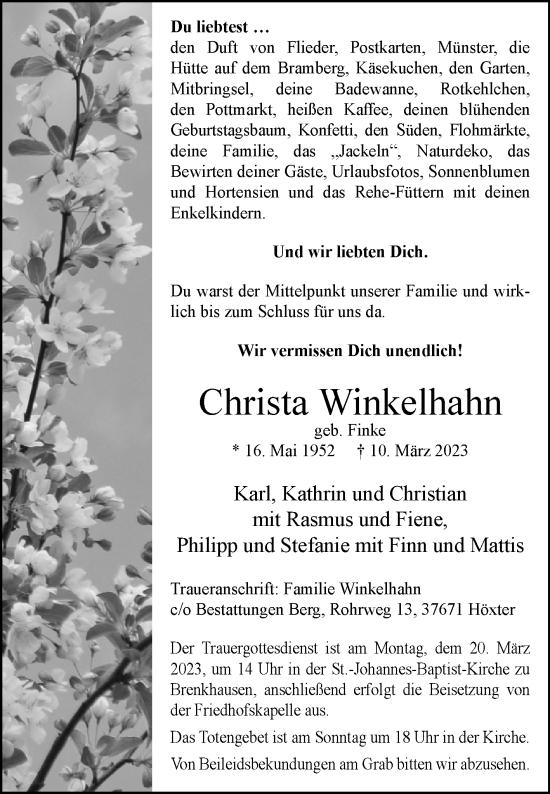 Traueranzeige von Christa Winkelhahn von Westfalen-Blatt