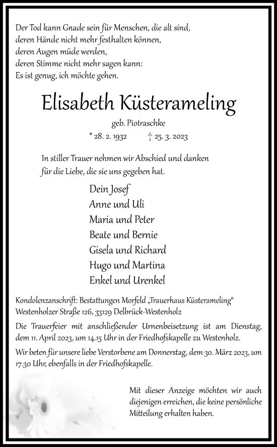 Traueranzeige von Elisabeth Küsterameling von Westfalen-Blatt