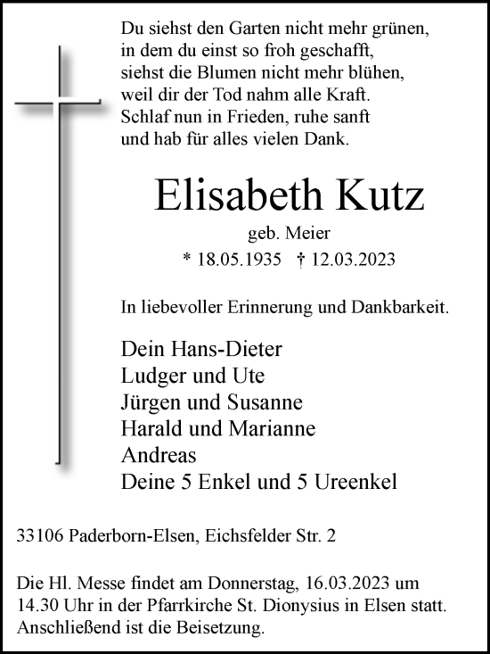 Traueranzeige von Elisabeth Kutz von Westfalen-Blatt