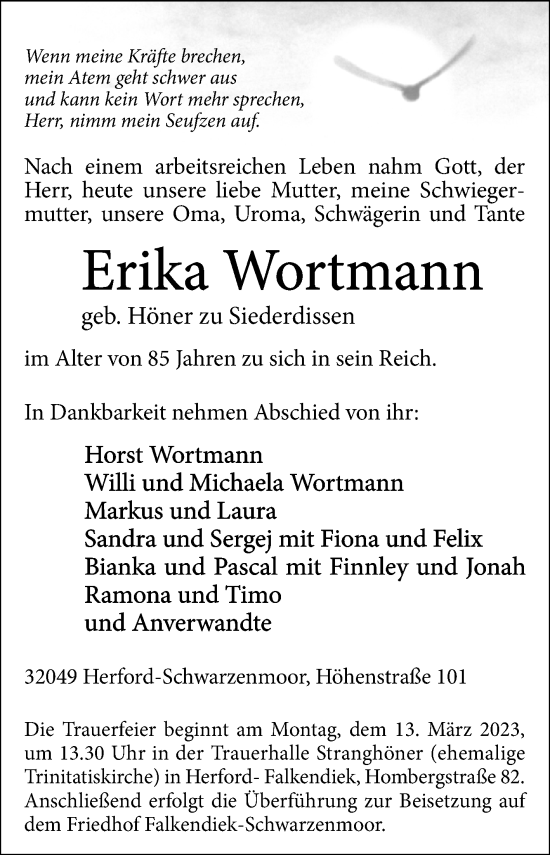 Traueranzeige von Erika Wortmann von Westfalen-Blatt
