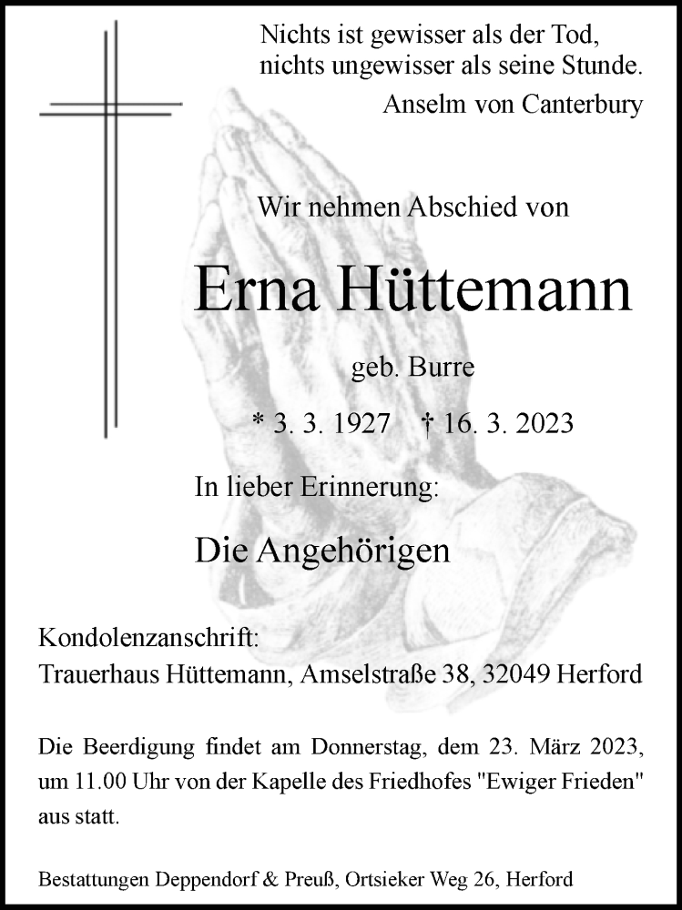  Traueranzeige für Erna Hüttemann vom 18.03.2023 aus Westfalen-Blatt