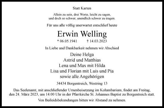 Traueranzeige von Erwin Welling von Westfalen-Blatt