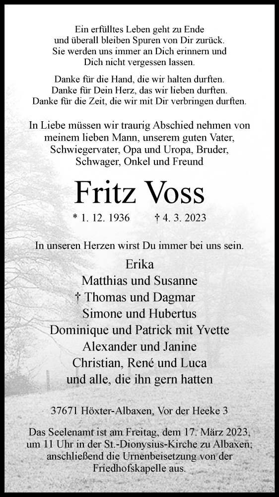  Traueranzeige für Fritz Voss vom 11.03.2023 aus Westfalen-Blatt