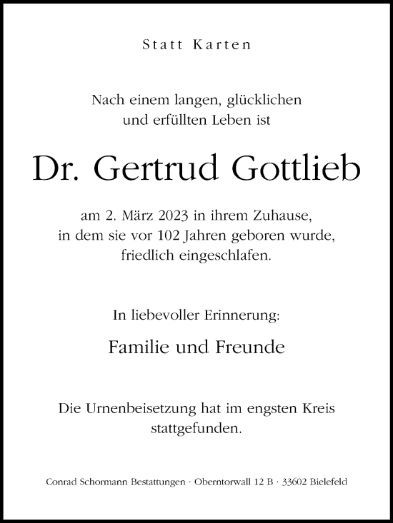 Traueranzeige von Gertrud Gottlieb von Westfalen-Blatt
