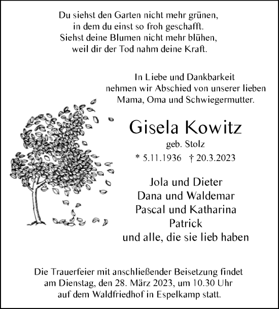 Traueranzeige von Gisela Kowitz von Westfalen-Blatt