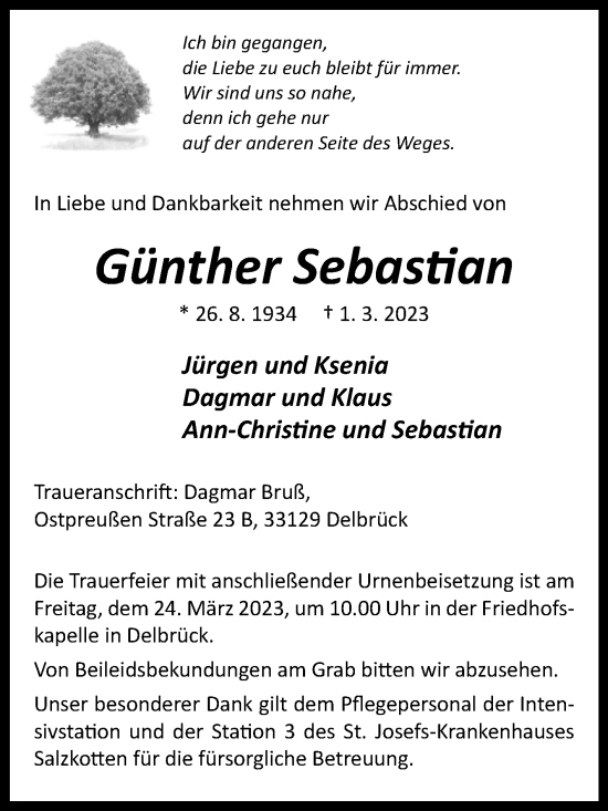 Traueranzeige von Günther Sebastian von Westfalen-Blatt