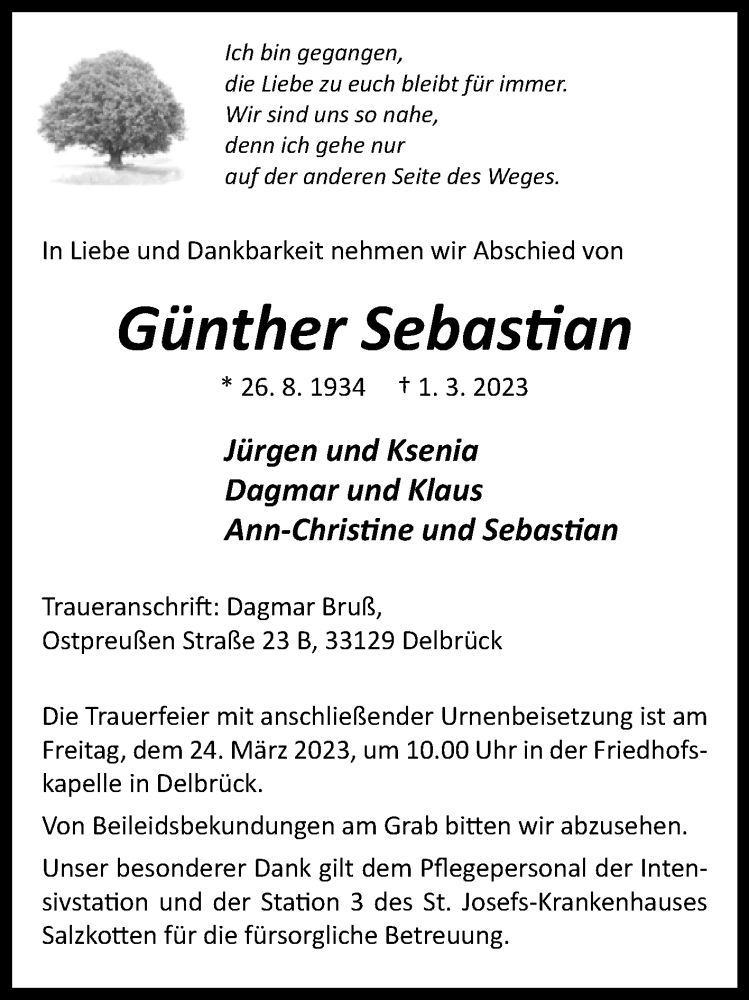  Traueranzeige für Günther Sebastian vom 18.03.2023 aus Westfalen-Blatt