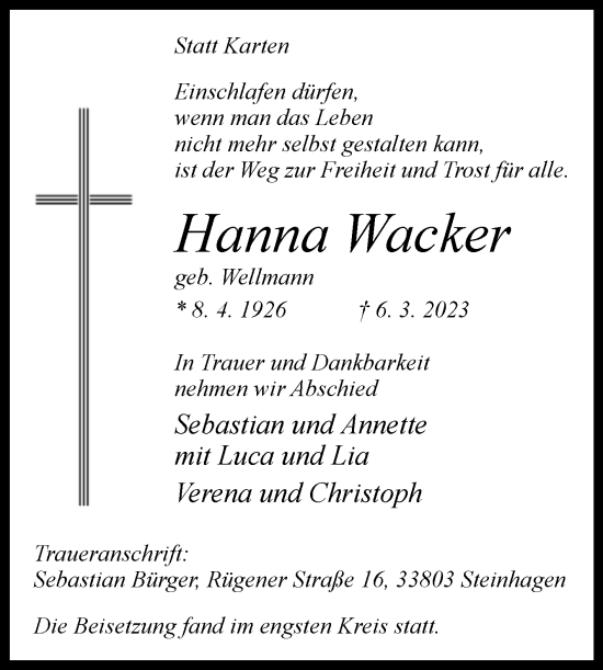 Traueranzeige von Hanna Wacker von Westfalen-Blatt
