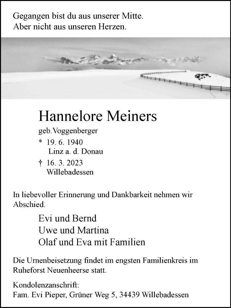  Traueranzeige für Hannelore Meiners vom 25.03.2023 aus Westfalen-Blatt