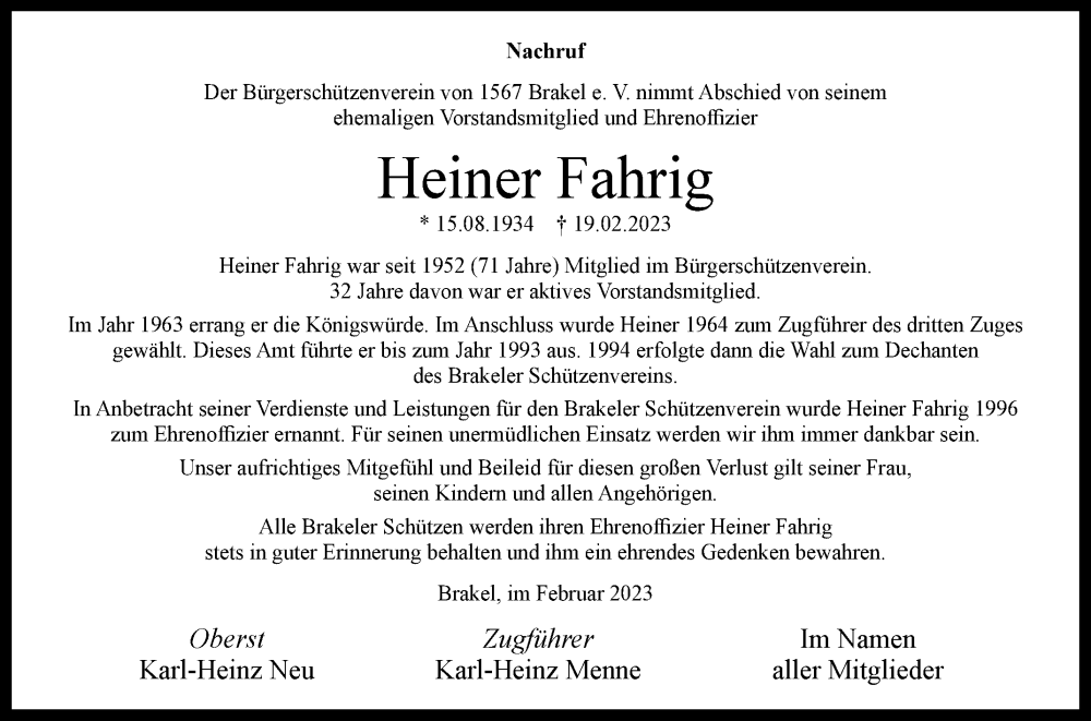  Traueranzeige für Heiner Fahrig vom 04.03.2023 aus Westfalen-Blatt