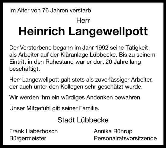 Traueranzeige von Heinrich Langewellpott von Westfalen-Blatt