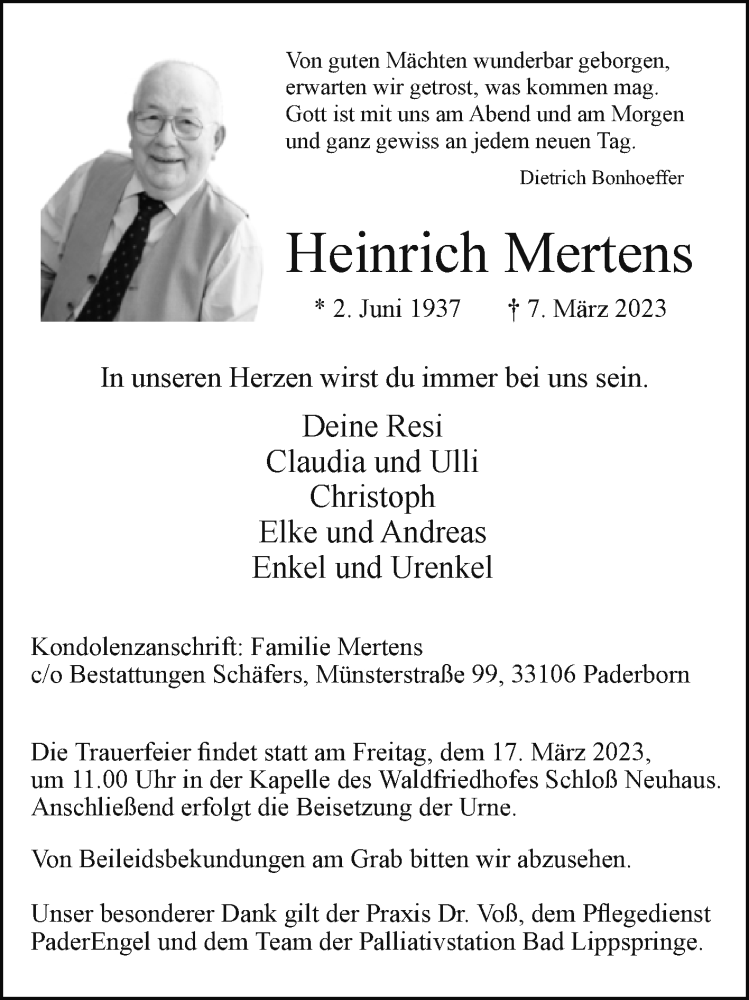  Traueranzeige für Heinrich Mertens vom 11.03.2023 aus Westfalen-Blatt