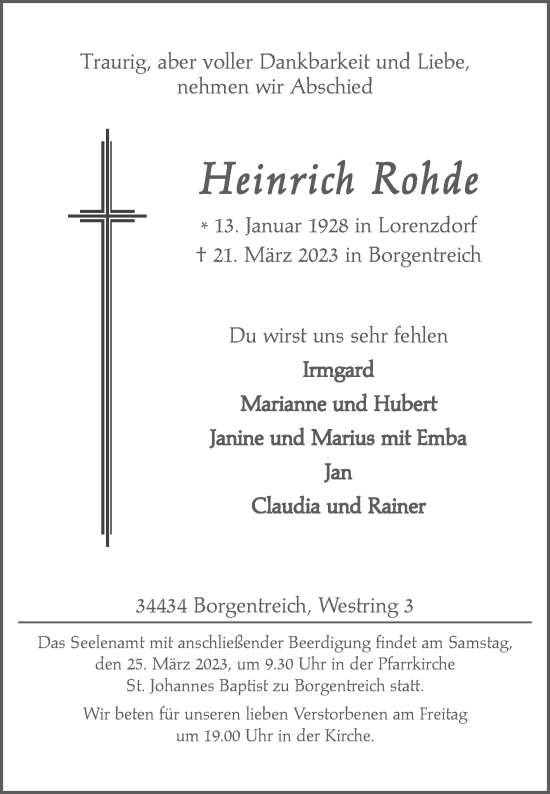 Traueranzeige von Heinrich Rohde von Westfalen-Blatt