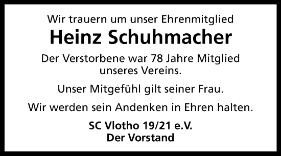Traueranzeige von Heinz Schuhmacher von Westfalen-Blatt