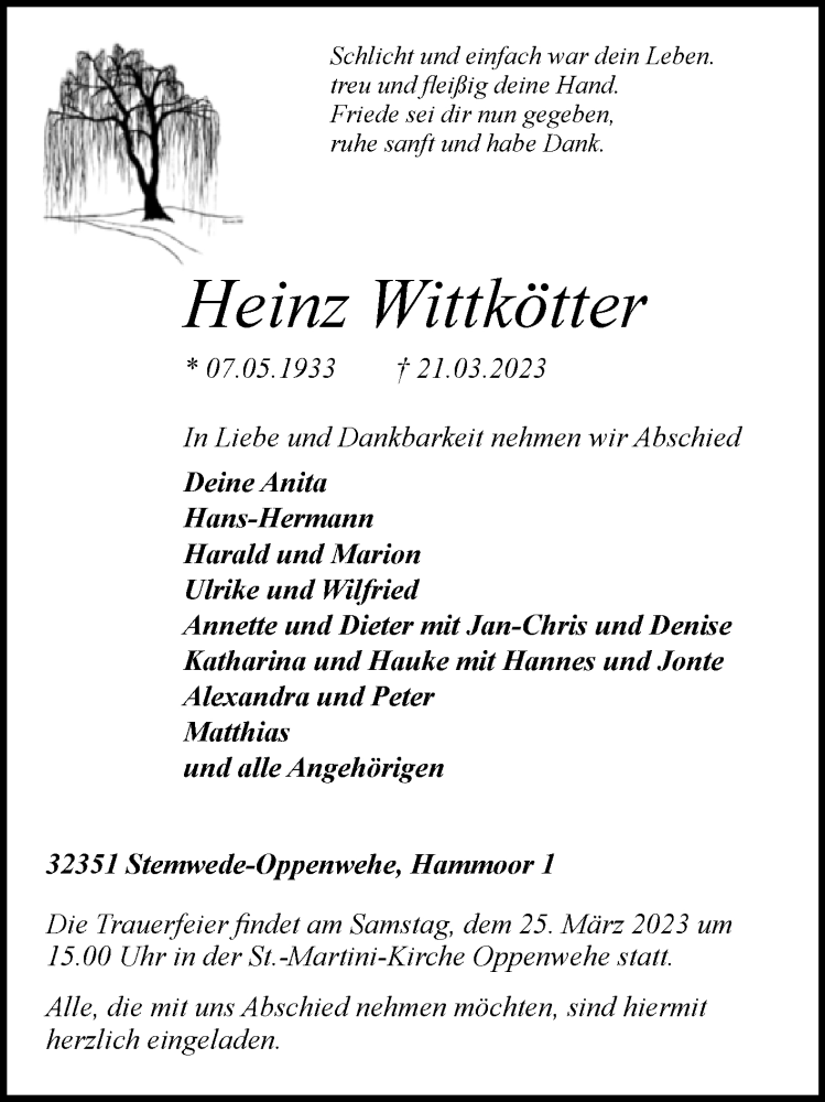  Traueranzeige für Heinz Wittkötter vom 23.03.2023 aus Westfalen-Blatt