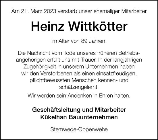 Traueranzeige von Heinz Wittkötter von Westfalen-Blatt