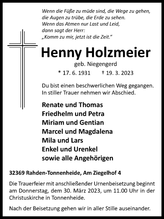 Traueranzeige von Henny Holzmeier von Westfalen-Blatt